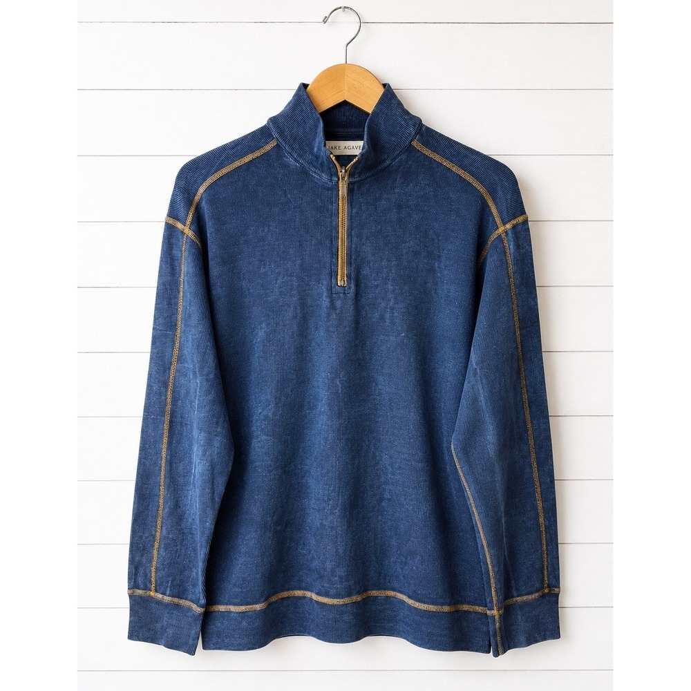 Jake Agave Quarter Zip Pullover Men Medium Blue Stonewashed Cotton Sweater